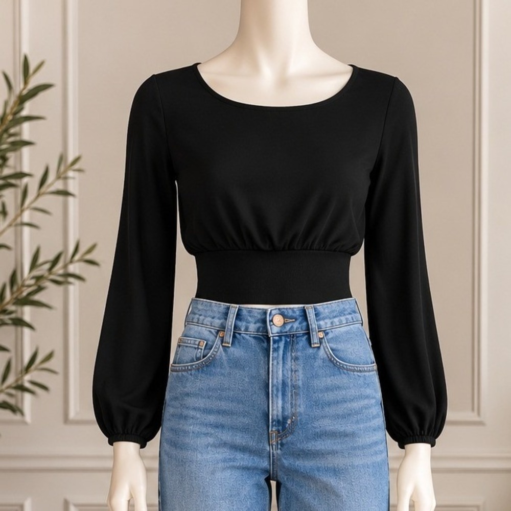 Leith Womens Blouse Smocked Waist Balloon Sleeve Black XS